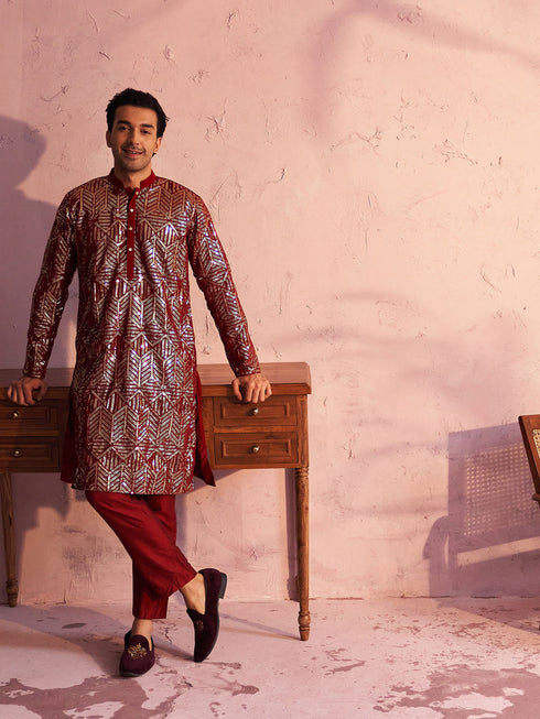 SHRESTHA BY VASTRAMAY Men's Maroon Georgette Embellished Kurta Pant Set